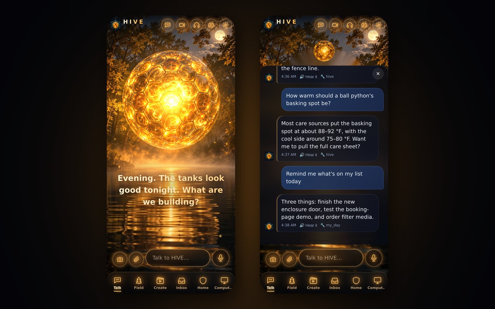 HIVE app, two phone screens with a sample conversation